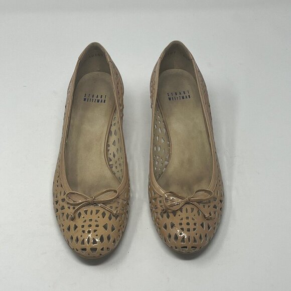 Stuart Weitzman kitten heels beige tan 8.5 perforated bows - Picture 1 of 10